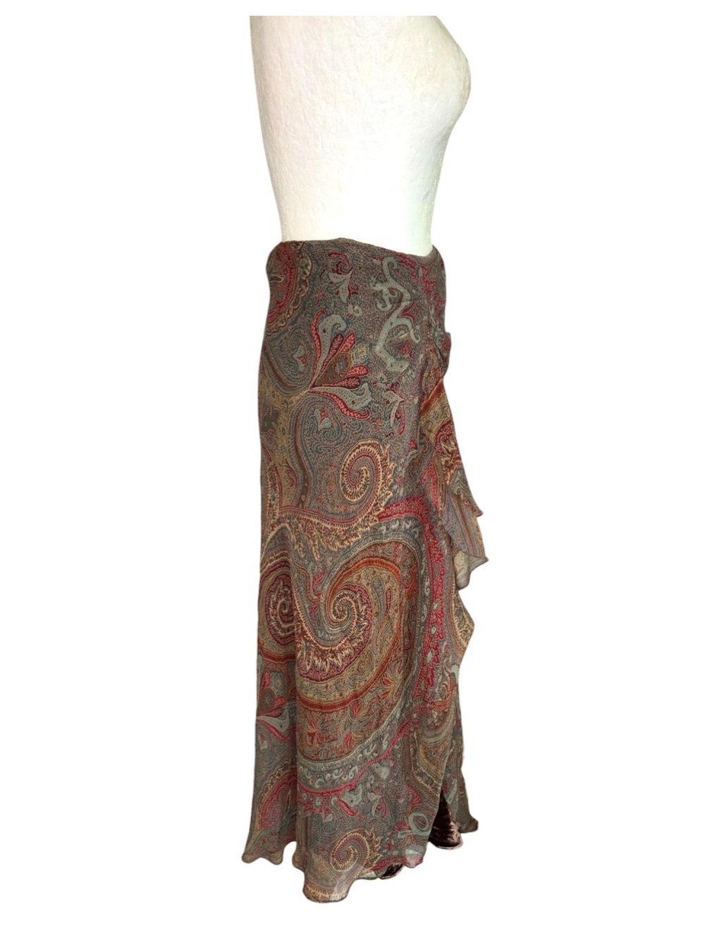 Ralph Lauren Silk Paisley Print Velvet Layered Cascading Ruffle Maxi Skirt - 14 - Picture 4 of 10